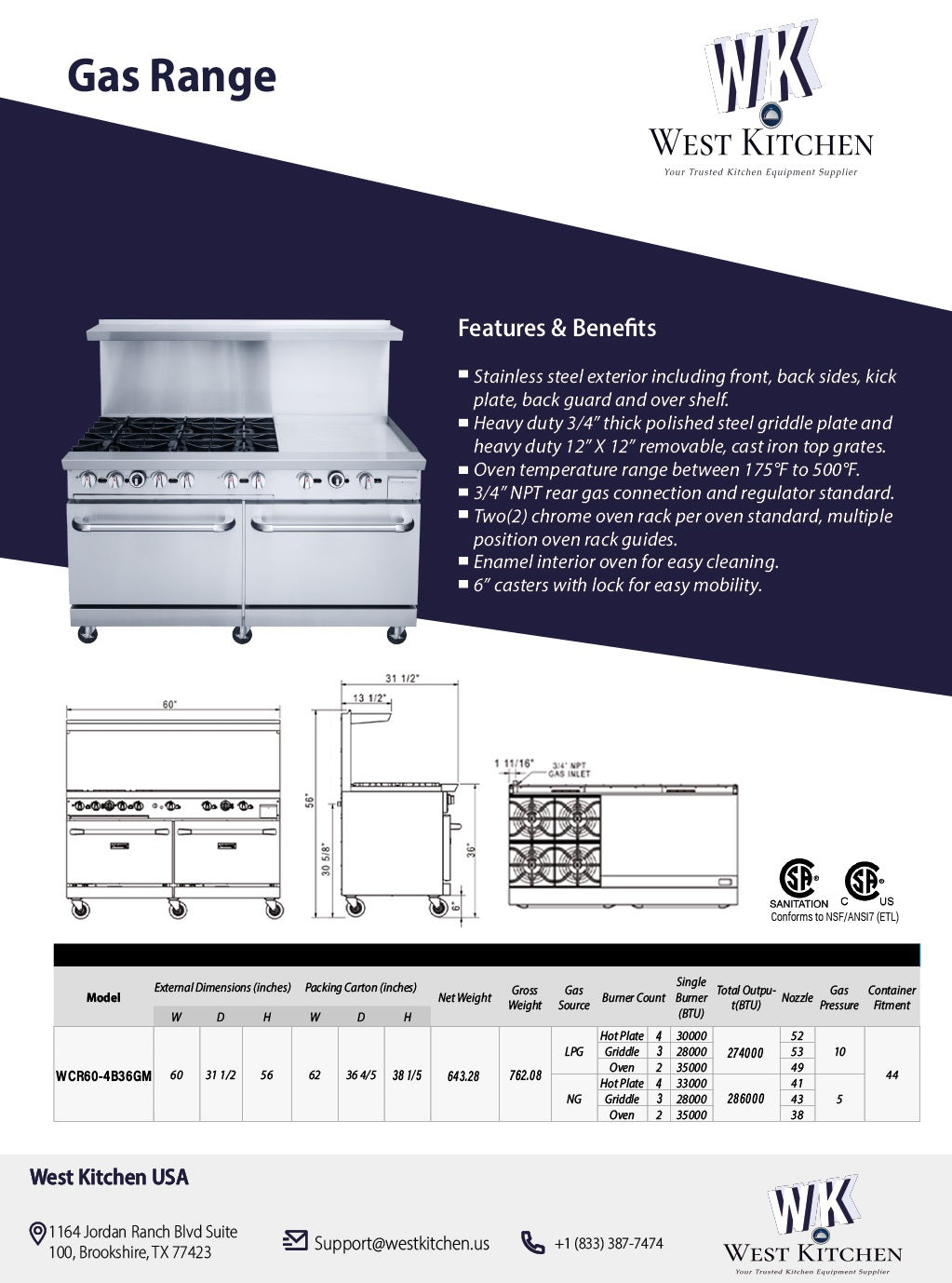 a brochure of a gas range with measurements