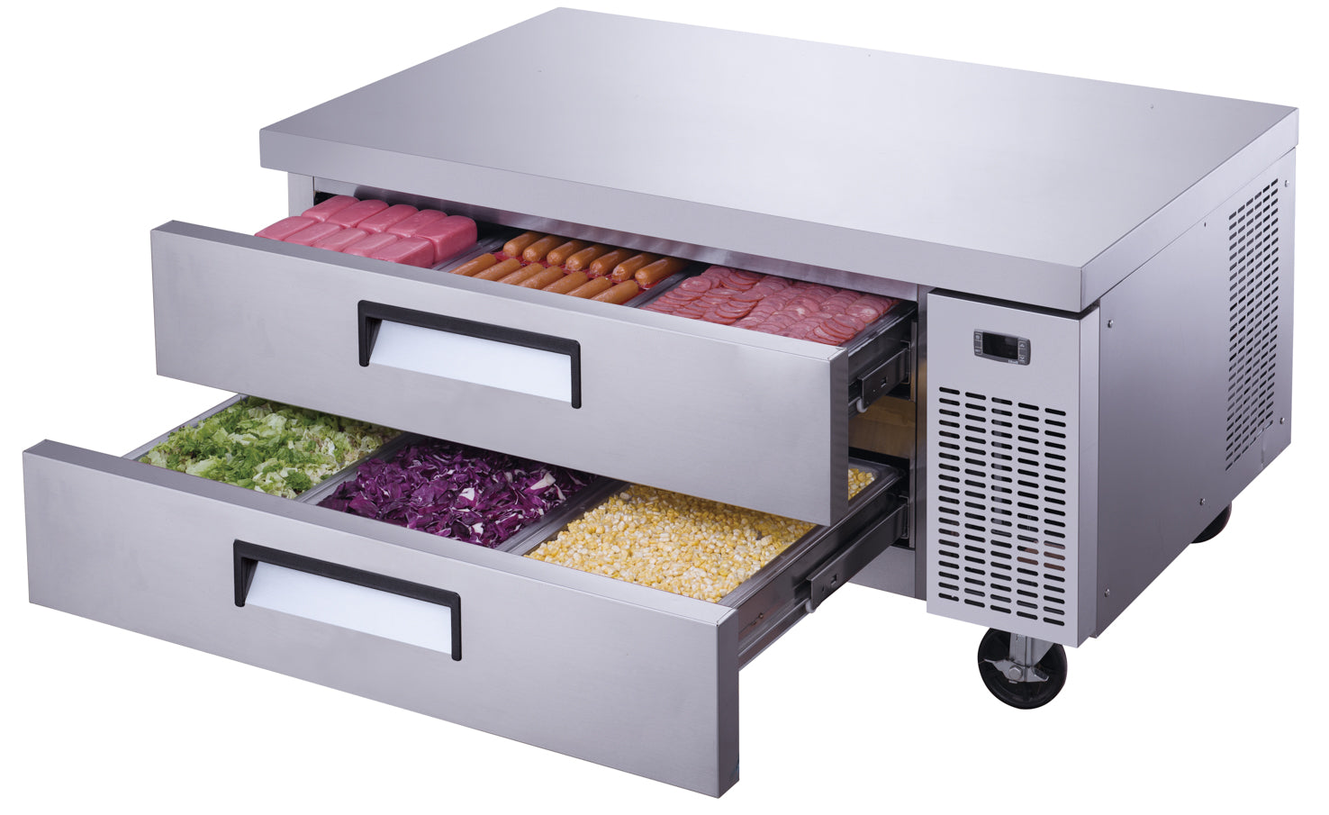 a stainless steel food prep table with drawers