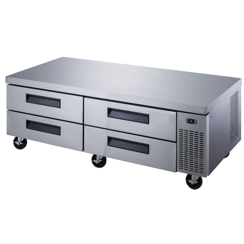 a stainless steel kitchen island with three drawers