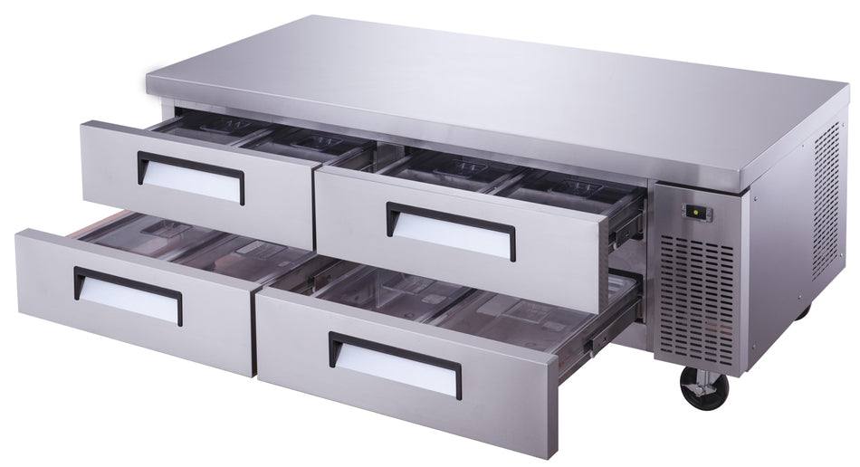 a stainless steel counter with four drawers