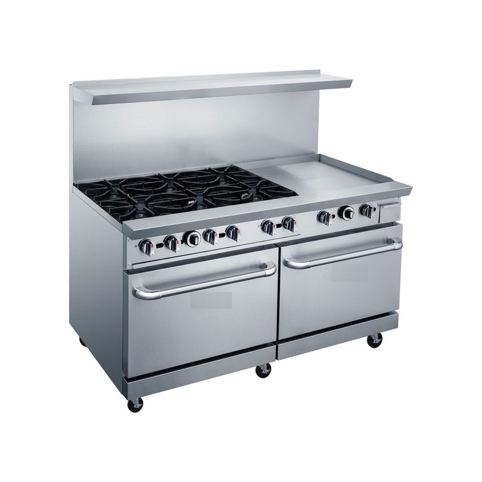 a stainless steel stove with two burners and two ovens