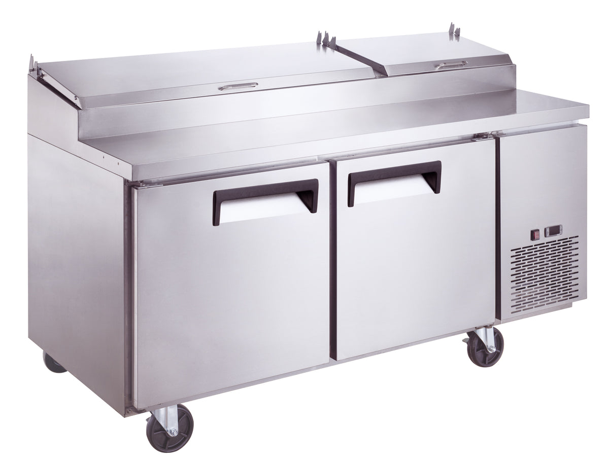 a stainless steel two door freezer sitting on wheels