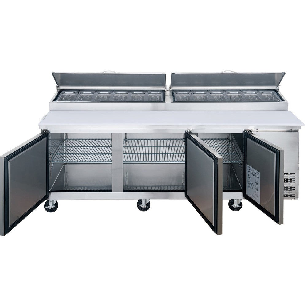 a stainless steel refrigeration unit with two doors open