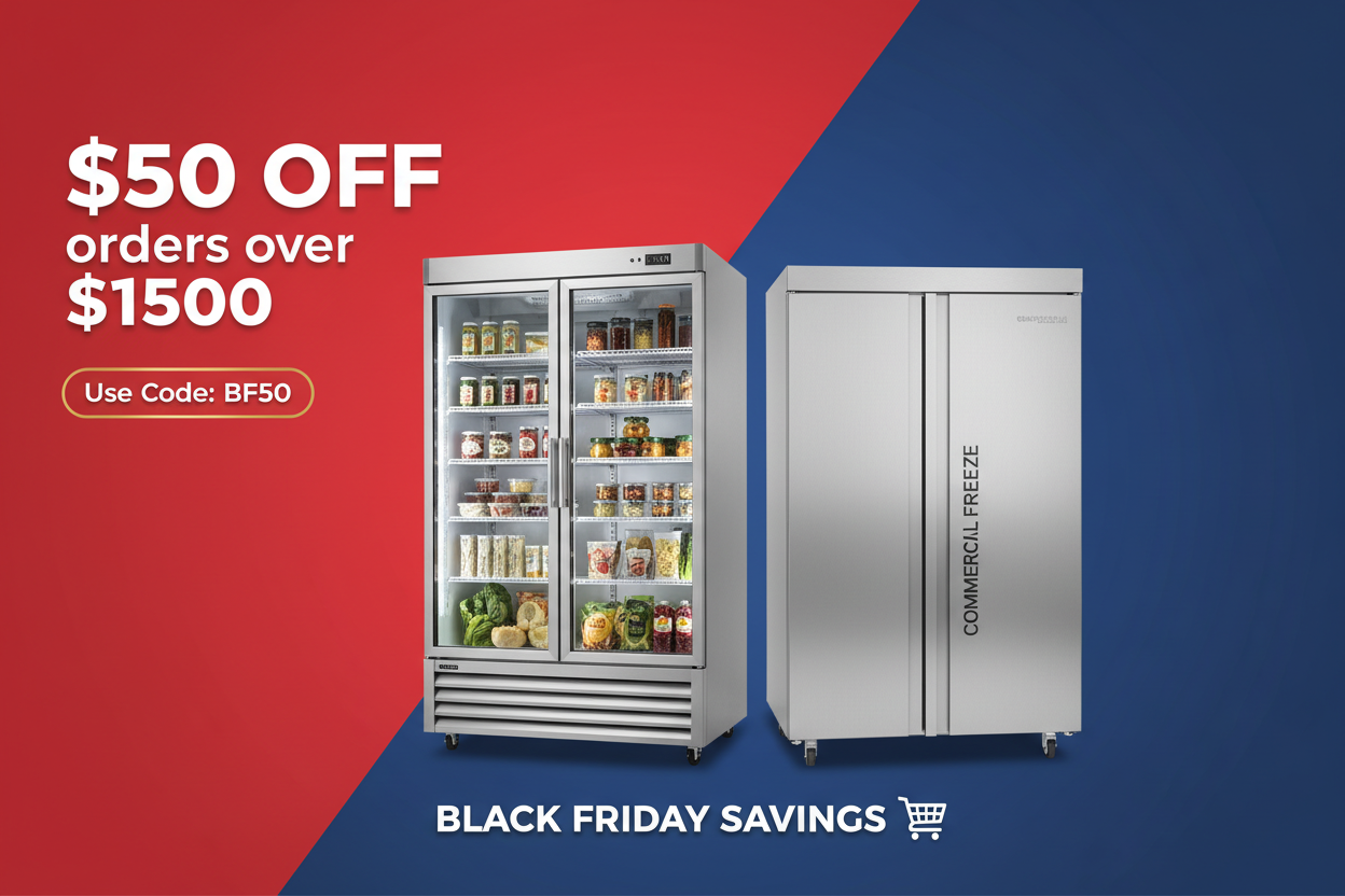 Design black friday post, $50 off of order over $1500, use code BF50, Horizontal, add commercial refrigerator, freezer photos, change background color to red and blue