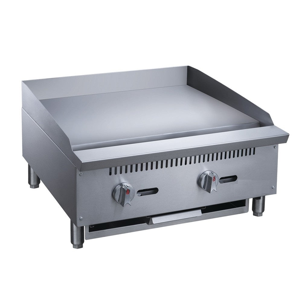 a stainless steel griddle with two burners