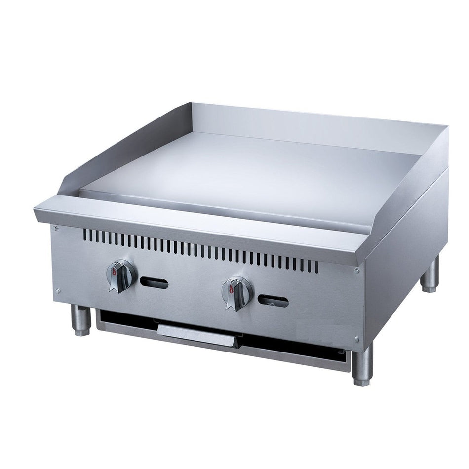 a stainless steel griddle with two burners