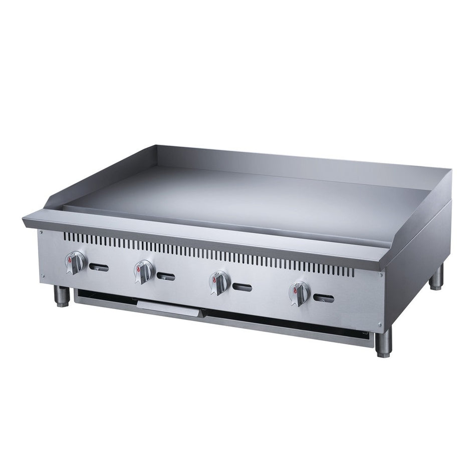 a stainless steel griddle with four burners