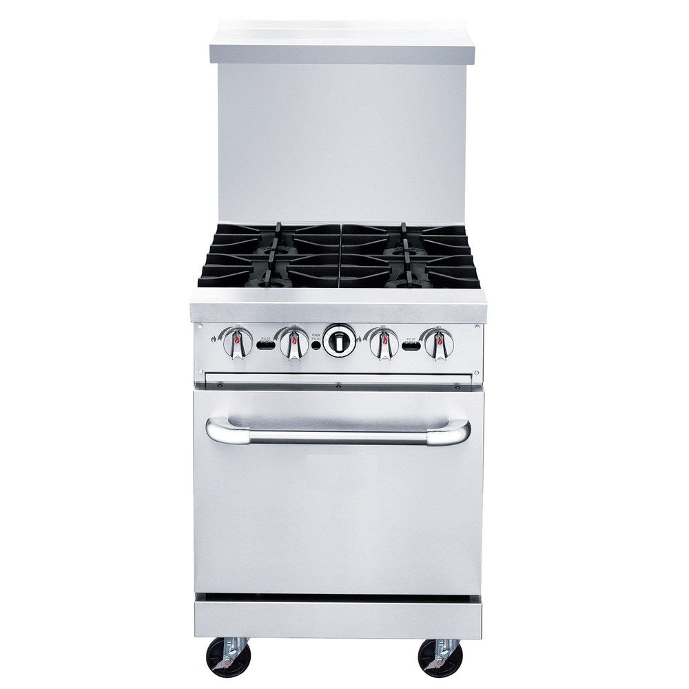 a stainless steel oven with four burners