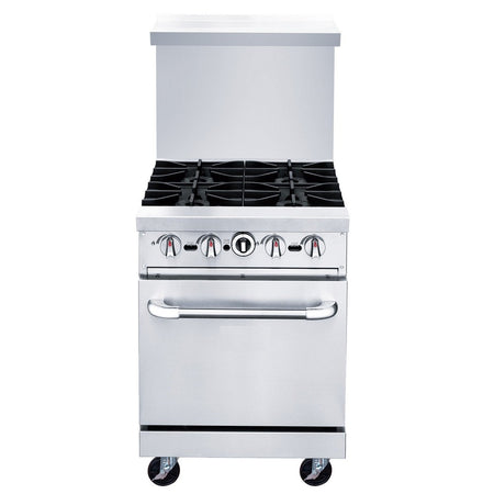 a stainless steel oven with four burners