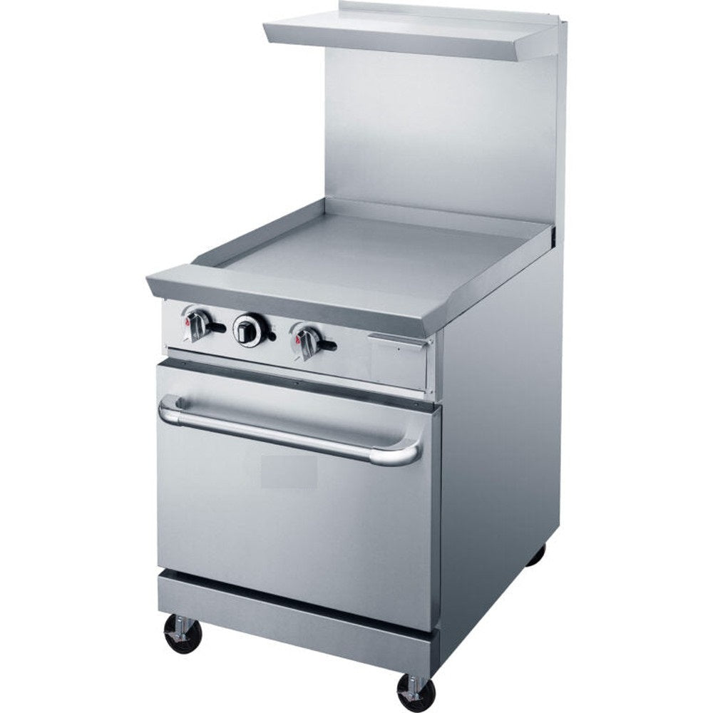 a stainless steel stove with two burners and one door open