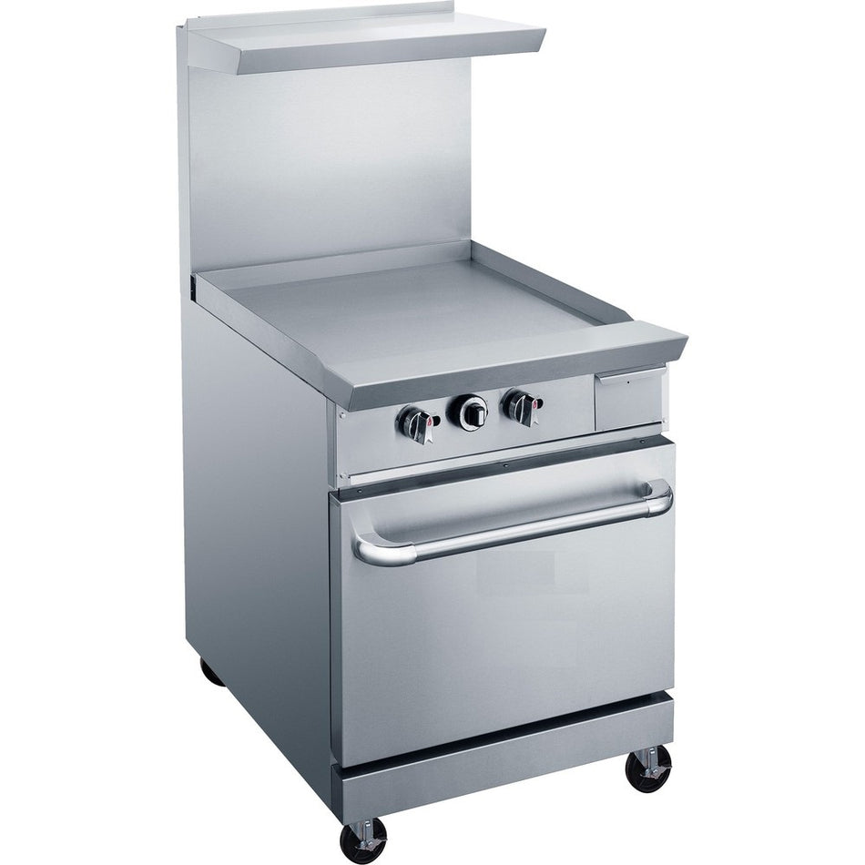 a stainless steel stove with two burners and one door open