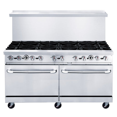 a commercial range with four burners and two ovens