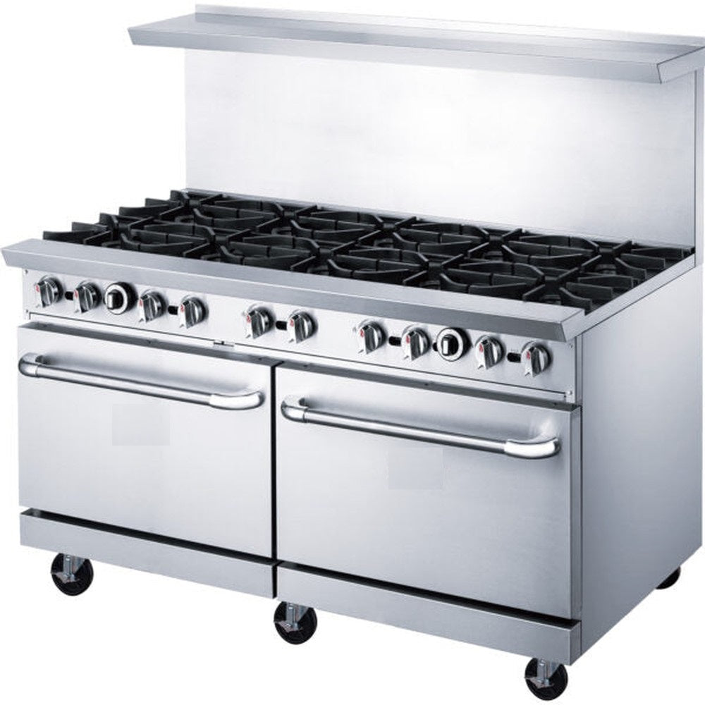 a stainless steel oven with four burners and two oven doors