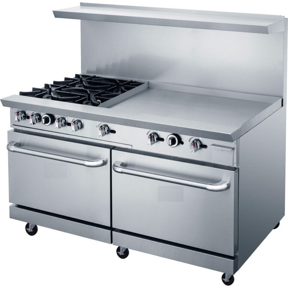 a stainless steel oven with two burners and two oven doors