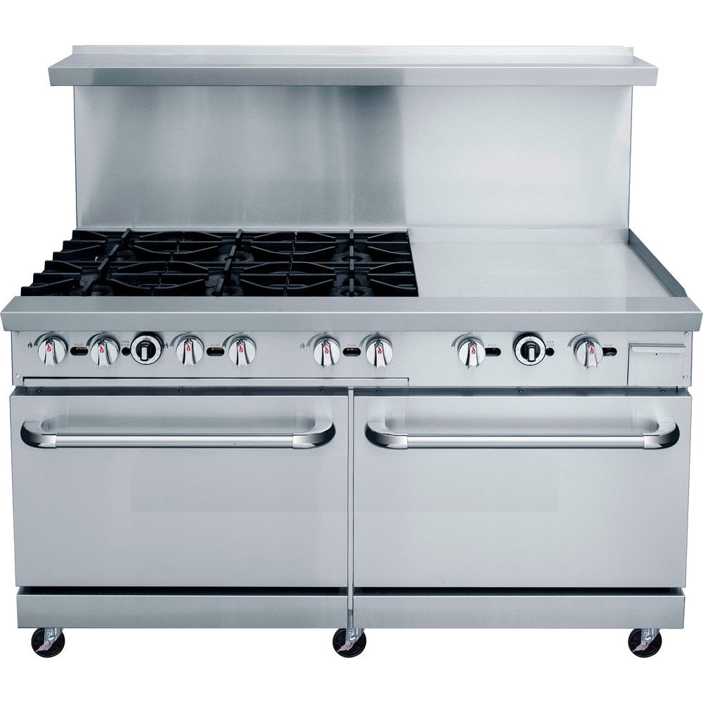 a stainless steel stove with four burners and two ovens