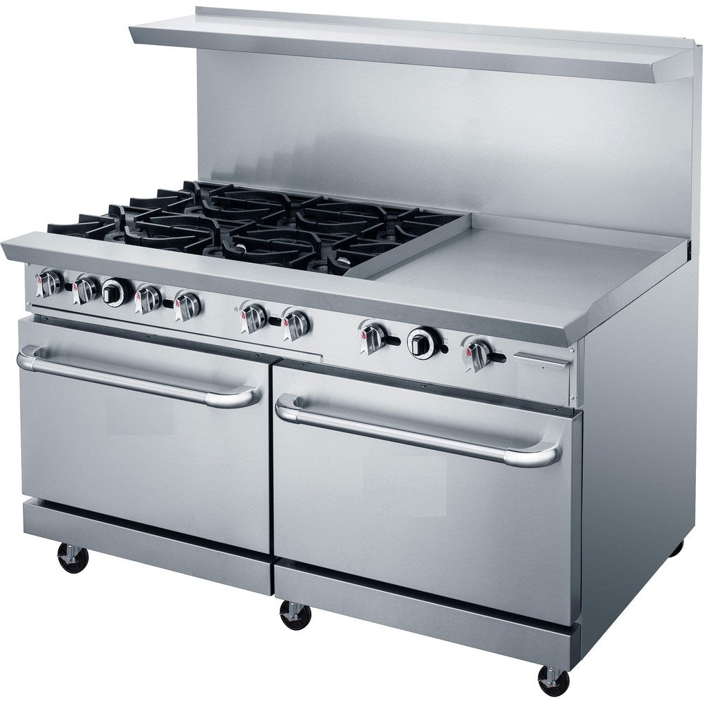 a stainless steel oven with four burners and two oven doors