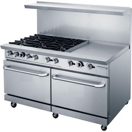 a stainless steel oven with four burners and two oven doors